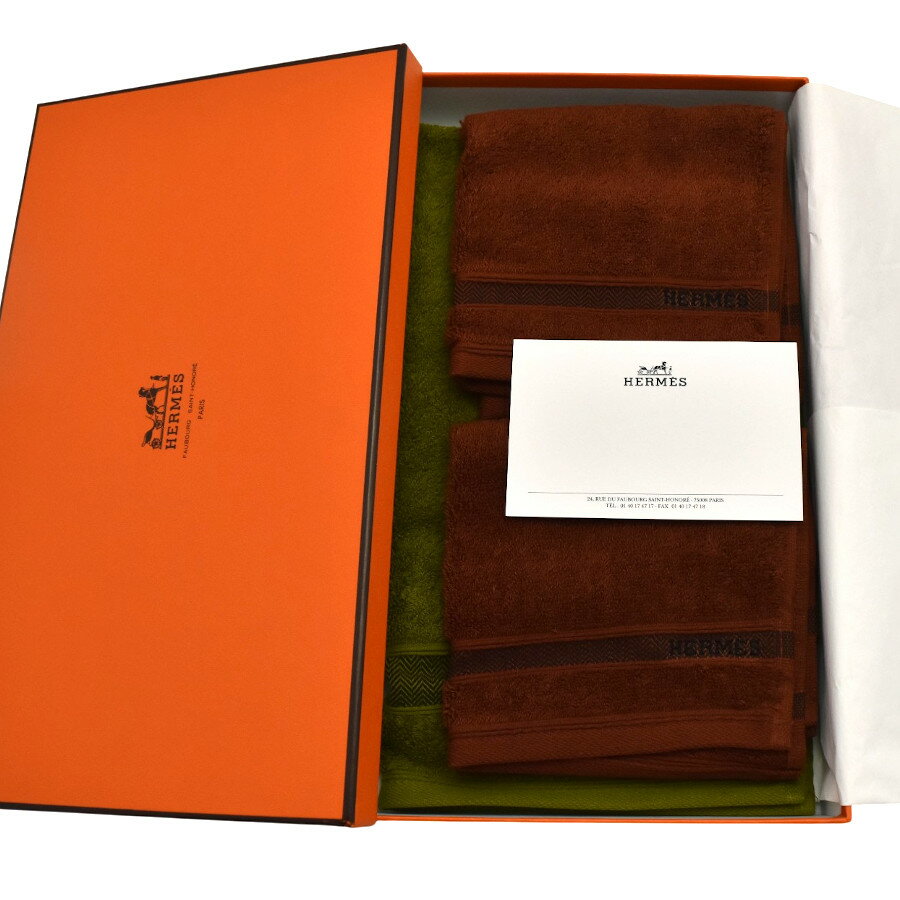 【中古】未使用品 エルメス タオルセット カレ シェブロン ハンドタオル フェイスタオル ブラウン グリ..
