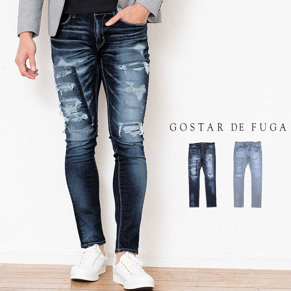 S S新作 Gostar De Fuga ゴスタールジフーガ リメイク加工ストレッチスキニーデニムパンツ 全2色 日本製 メンズ 代 30代 40代 ファッション きれいめ ジーンズ スキニーパンツ スリム クラッシュ加工 インディゴ 青 ジーパン Gパン