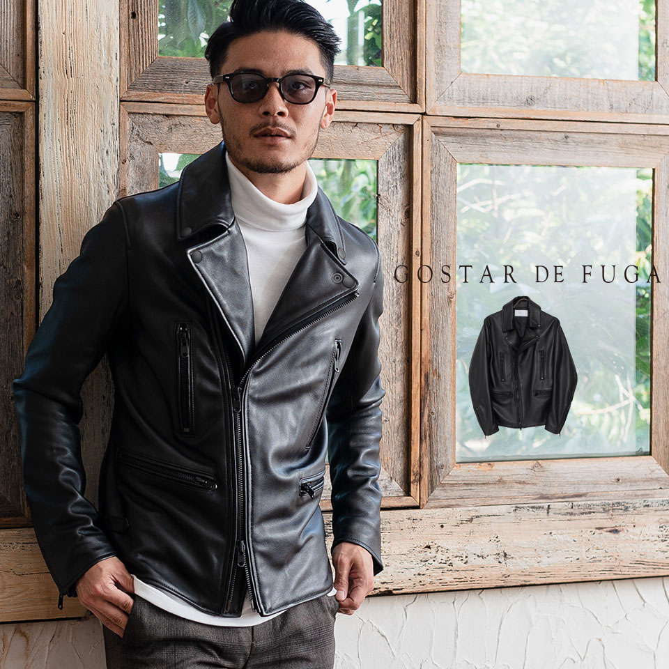 【30％OFFセール】"GOSTAR DE FUGA【ゴスタールジフーガ】レザーダブルライダースジャケット/Black"羊革 メンズ 20代 30代 40代 ファッション ブラック 本革 きれいめ 黒 レザーブルゾン 皮ジャン 革ジャン レザーライダース レザージャケット Wライダースジャケット