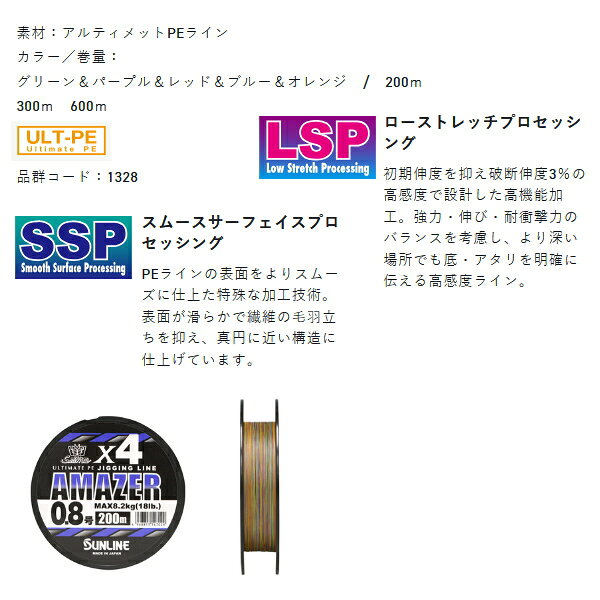 釣具総合卸売販売 フーガショップ2のサンライン ソルティメイト アメイザー ×4 200m 2号 グリーン＆パープル＆レッド＆ブルー＆オレンジ （小型商品）｜アングル2