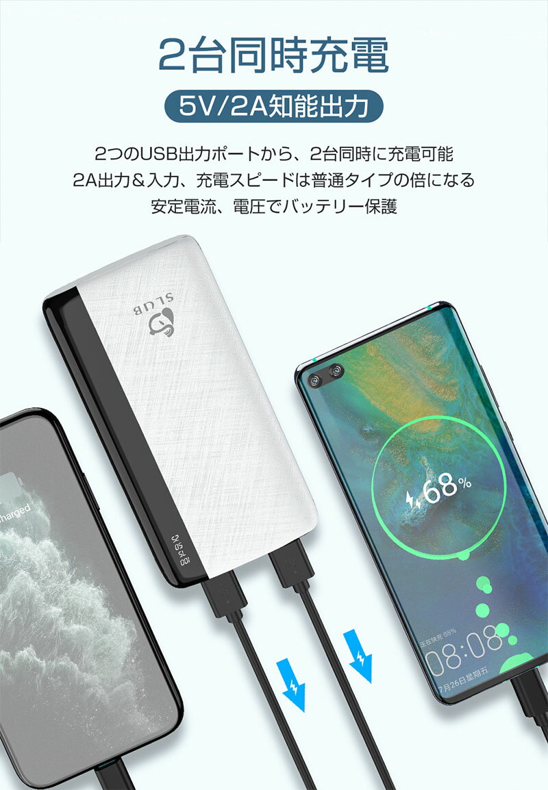 モバイルバッテリー 12000mAh 大容量 軽量 急速充電 2台同時充電可能 2USBポート スマホ充電器 指紋防止 TYPE-C micro入力ポート 残量表示 携帯充電器 PSE認証済 iPhone iPad Android 各種対応 ホワイト