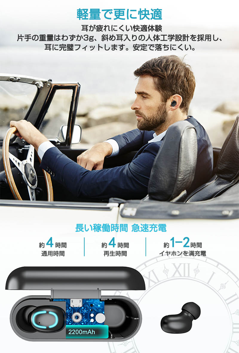 ワイヤレスイヤホン ヘッドセット 高音質 Bluetooth5.0 イズキャンセリング 防水 自動ペアリング 両耳 左右分離型 ノ フィット感抜群 LEDディスプレイ電量表示 大容量 軽量 Siri対応 長い稼働時間 PSE認証済 iPhone iPad Android対応