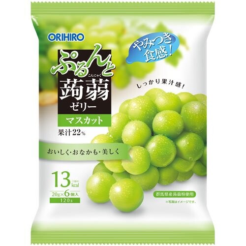 ＜特長＞ ●果汁をたっぷり配合した美味しく手軽なプチサイズの蒟蒻ゼリーです。 ●これまでのピロータイプのゼリーから形態を変更して、押し出して食べることで吸い込みを防止できる形態へ変更しました。 ●小腹がすいた時のおやつとしてお召し上がりください。 ＜仕様＞ ●原材料：果糖ぶどう糖液糖・果汁（マスカット・リンゴ）砂糖・還元水飴・蒟蒻粉・酸味料・ゲル化剤（増粘多糖類）香料・塩化カリウム・甘味料（アセスルファムK・スクラロース） ●内容量：120g（20g×6個）