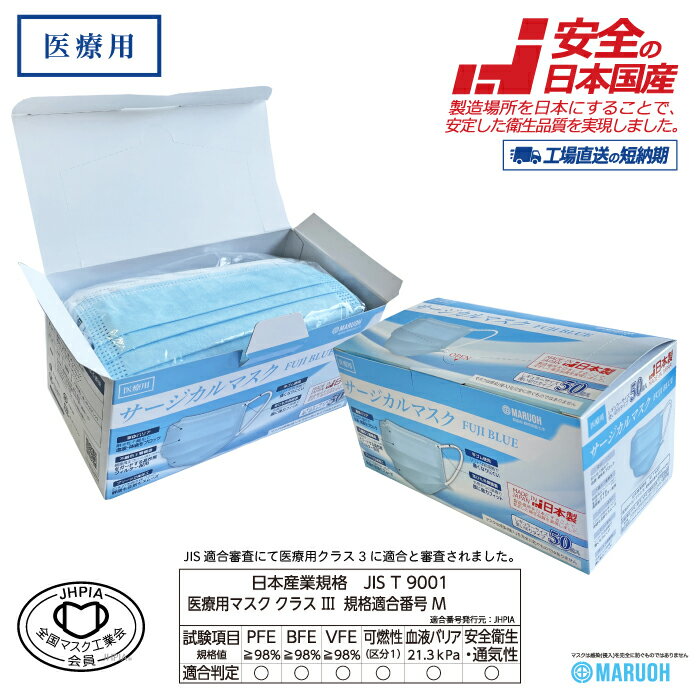 大特価！【日本製 医療用 サージカルマスク JIS T9001クラス3 適合】1ケース（50個箱2500枚入）　FUJI BLUE / FUJI WHITE　日本国産 医療用 サージカルマスク
