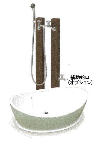 立水栓ユニット/水栓柱+パンセットシャワープレイスレヴウッドタイプ　・給水用(補助蛇口配管仕様)　・給湯用　・シャワーヘッド付水栓金具(カランパイプ無)　・ペットバス (FRP製)送料無料 犬猫 ペット用ガーデンシャワー 水受け 動物用