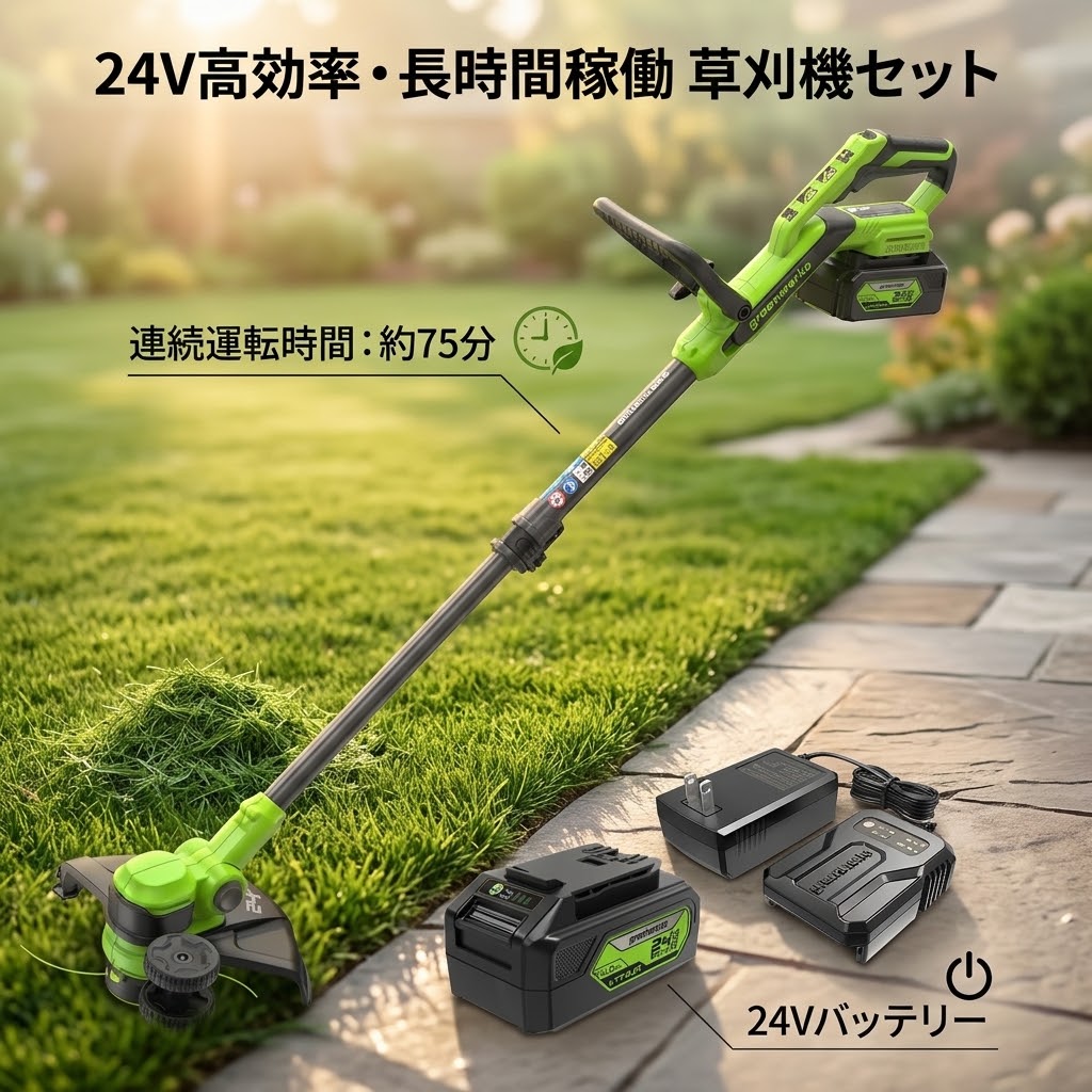 商品情報【商品仕様】商品タイプ：電動【商品特徴】★ブラシレスモーターとハイパワーバッテリーを備えたナイロントリマー★ナイロンコード自動送り出し機能付きで、作業中の手間を軽減★きわ刈りへの切り替えも、工具不要で簡単7段階角度調整と伸縮パイプで、快適な草刈りをサポート★飛散防護カバーを搭載し、安全に作業が行えます【商品詳細】品番：ST1202モーター：直流モーター回転数：7000min??刈込み径：30cmナイロンコード：1.65mm×3m連続運転時間：約75分（無負荷時）バッテリー電圧：24V使用可能バッテリー：BAG708 / BAG709サイズ：長さ101～132×幅31×高さ36cm重量：約2.2kg（バッテリー含まない）注意事項写真の色と実際の色がお客様がお使いのパソコンモニターの設定などので若干異なる場合がございます。予めご了承くださいますようお願い致します。在庫数の管理につきましては万全を期しておりますが、ご注文が重複してしまい、在庫切れでご提供できなくなってしまう場合がございます。何卒ご了承頂けますようお願い申し上げます配送・返品についてパッケージの破れや小さな織りすれや織り傷、等は、交換・返品の対象にはなり兼ねますので、ご購入前に商品のご理解・ご了承を頂きたくお願い申し上げます。Greenworks 24V 充電式 ナイロン トリマー ST1202 ブラシレス 刈込径30cm 連続75分 4Ahバッテリー＆充電器付 コストコ ナイロンコードは自動送り出し。工具なしできわ刈りに切り替えられて、7段階の角度調整で壁際も塀ぎわもそのまま刈れます 5