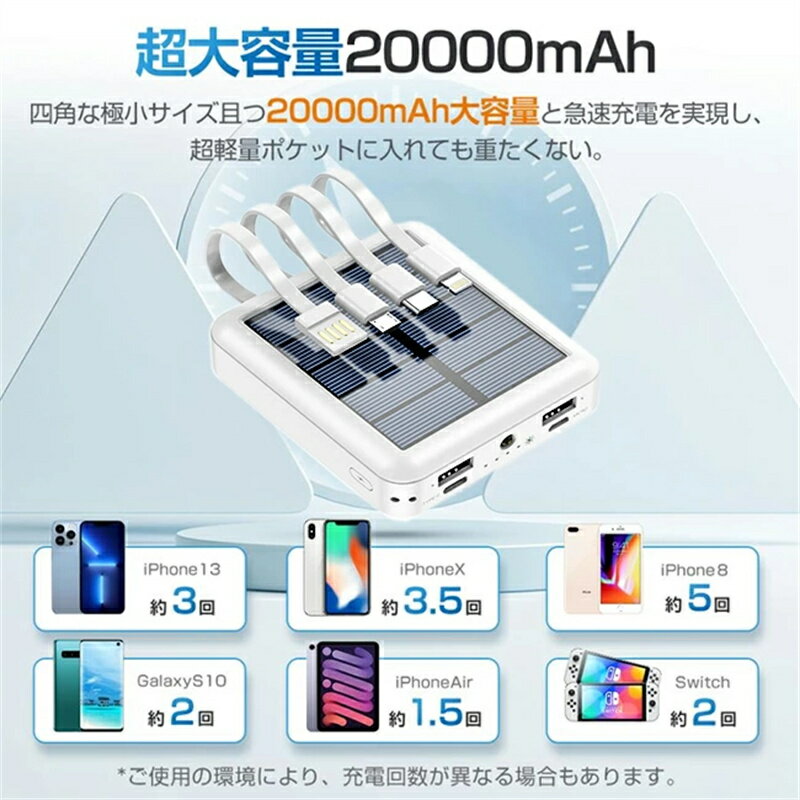 ソーラーモバイルバッテリー ソーラー充電器 20000mAh モバイルバッテリー ソーラー充電 最大5台同時充電 小型 大容量 出張 旅行 地震防災 携帯充電器 薄い 携帯便利 残量表示 LEDライト PSE認証済み 日本語説明書付属