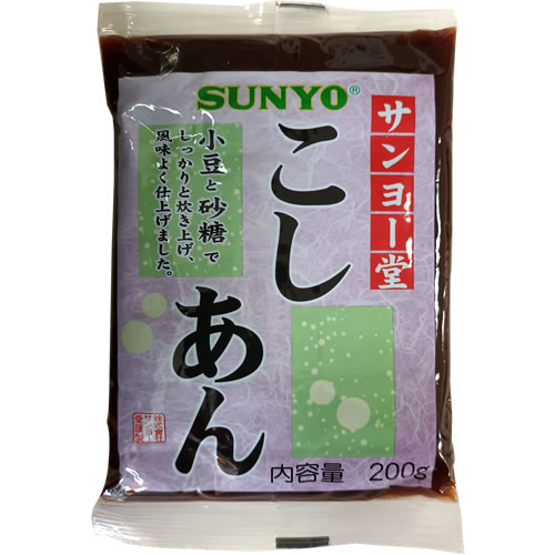 品名 こしあん 容量 200g×4袋 原材料名 砂糖、小豆 原産国名 中国 小豆と砂糖でしっかりと炊き上げ、風味良く仕上げました。 おしるこ、おはぎ、あんみつなどに簡単にご利用いただけるつぶあんです。 輸入者： 株式会社サンヨー堂