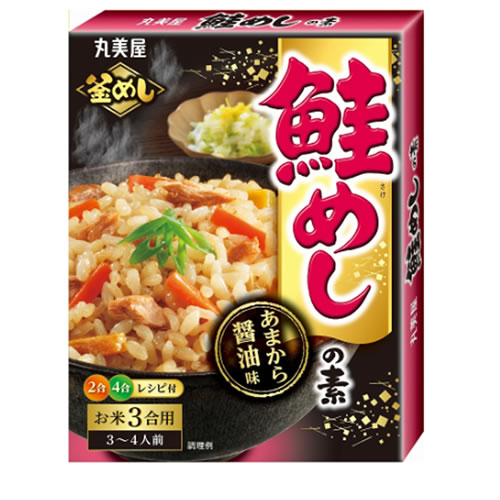 品名 たきこみごはんのもと（かまめしのもと） 容量 200g×5箱 原材料名 野菜（にんじん、筍）、醤油（国内製造）、鮭、砂糖、エキス（鮭、酵母）、大豆油、発酵調味料、りんごペースト、食塩、ソテーオニオン、香味料、たん白加水分解物、デキストリン／調味料（アミノ酸等）、乳酸カルシウム、増粘多糖類、乳化剤、（一部に小麦・さけ・大豆、りんごを含む） 鮭のほぐし身に、にんじん、筍を組み合わせ、鮭の旨味たっぷりのあまからしょうゆ味に仕上げました。 販売者：丸美屋食品工業株式会社