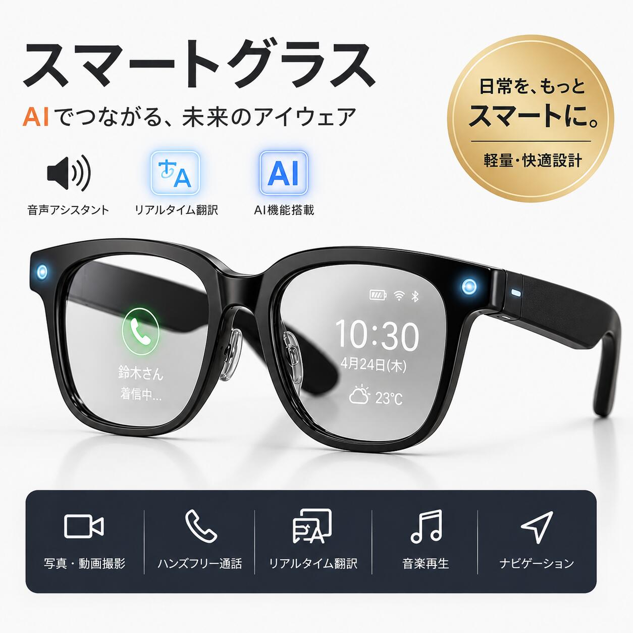 【2026最新モデル】スマートグラス カメラ付き 22 言語リアルタイム翻訳機 AI 800 万画素カメラ・3000万画素画像 Bluetooth Wi-Fi スピーカー サングラス/ブルーライト防護レンズ Wi-Fi 38g 超軽量 男女兼用オーディオサングラスビジネス・アウトドアスポーツ 海外旅行