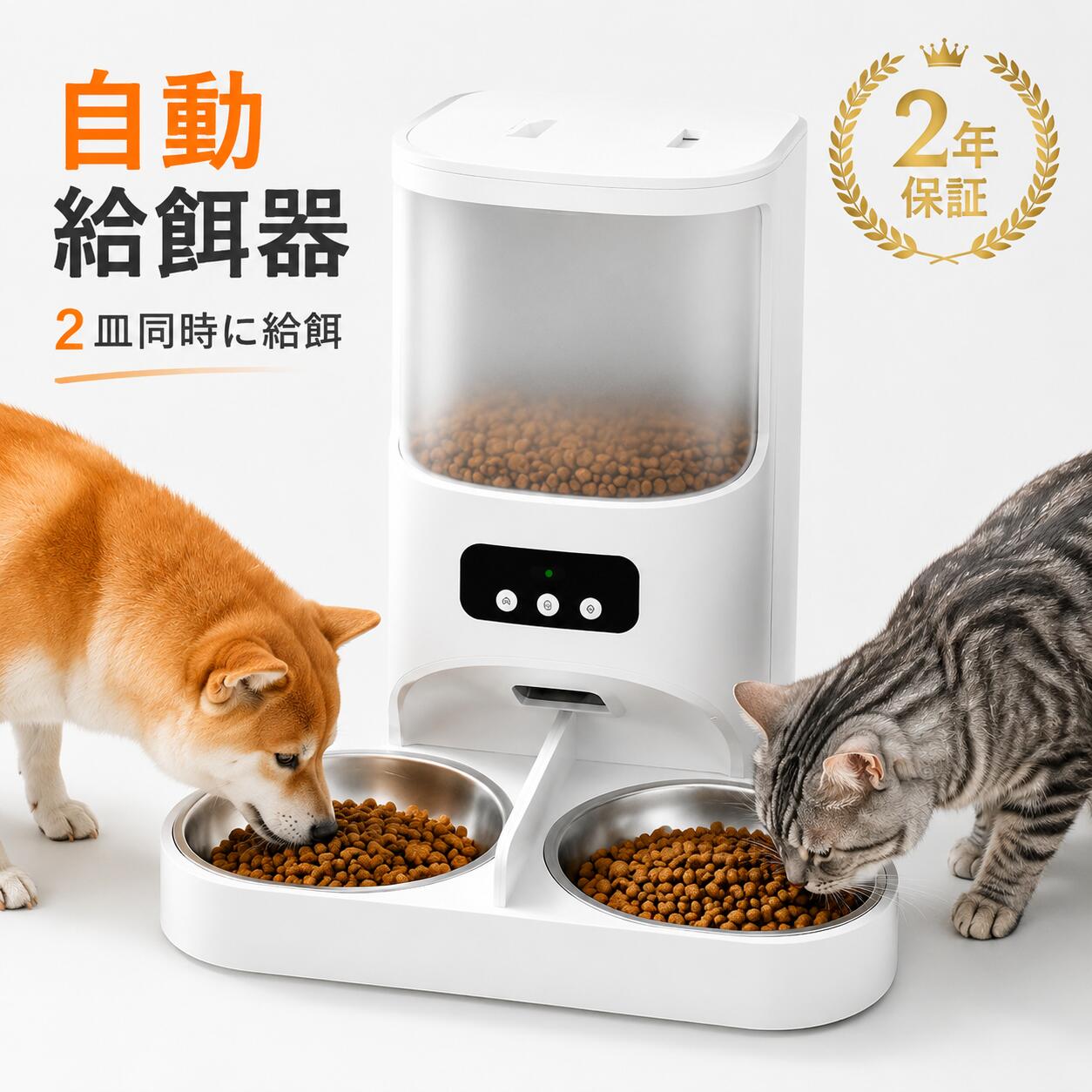商品情報【特徴】●スマホのアプリでペットの様子を確認できるほか、カメラ、マイク、スピーカーが搭されており、いつでもどこでもペットを呼び出したり、手動でエサをあげたりすることができる。●一般的な状況では、6~8kgのペットの7日間の食事量を保証することができる●様々な種類の餌に適応：グレインミックスフリーズドライシーズン用品ベーカリーパフトグレイン【仕様】素材：304ステンレススチールフードボウル＋ABS素材ボディ容量：4L重量：2.55kgサイズ：190*175*366mm品質保証の有無：1年間の品質保証電源：バッテリー（単1形乾電池3本）＋電源コードセット内容：本体×1、電源コード×1、日本語取扱説明書×1対象ペット：猫、犬目安量：8～10g（状況に応じて増減可能）【注意事項】※エサの粒径は直径2～14mmがおすすめ！※電池は含まれていません※大量生産の関係で、蓋の上に脱膜点が見られることがありますが、これは不良品ではございません。ご購入前にご確認いただけますようお願い申し上げます。こちらは交換対象外となりますので、何卒ご理解いただけますと幸いです。※バッテリーボックスは電源機能のみで、二次電池の電源に専用の充電器を使用する必要がある場合、本製品は二次電池の充電を行うことはできません。※ホスト部にはチップや回路が含まれているため洗浄できません。※測る位置によって、本体サイズの誤差が生じる場合がございます。ご了承下さい。※製品のデザイン、仕様は改良のため予告なしに変更する場合があります。※掲載の商品画像と実際の色は、室内、室外での撮影の状況、モニターの表示等により若干異なる場合がありますので、ご了承くださいませ。実際の商品を参照してください。【関連キーワード】自動給餌器 カメラ付き 自動給餌器 猫 2匹 カメラ 猫 自動給餌器 カメラ付き 猫 自動給餌器 多頭飼い 猫 自動給餌器 タイマー 猫 自動給餌器 2匹 猫 自動給餌器 2WAY給電 コードレス 多頭飼い 猫 自動給餌器 犬 自動給餌器 スマホ 遠隔 餌やり機 給餌器 猫 給餌器 犬 給餌機 カメラ付き ペット 給餌器 猫 給餌器 カメラ 犬 餌やり機 スマホ操作 4L 定時定量 旅行【最大2000円OFF！】自動給餌器 猫 犬 自動餌やり機 ペット給餌機 カメラ付き 2匹 多頭飼い 大容量 2.4G&5G WIFI対応 アプリ 遠隔操作　録音 ライブ音声機能 餌 エサ えさ 透明タイプ 乾燥剤付 簡単設定 定時定量 2WAY給電 水洗い可 清潔便利 旅行 APP付き IOS/Android対応 ★1台で2匹同時に、もっとスマートな食事時間へ。★設置場所に合わせて自由に選べる2WAY設計：床置きでも、 壁掛けでも。給餌器 猫 カメラ付 2匹 多頭飼い ペット 犬 餌やり機 スマホ操作 5