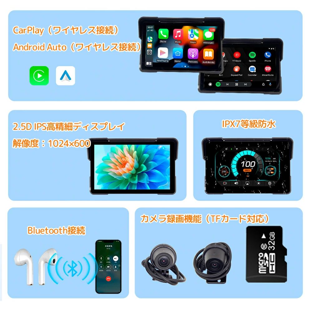 バイク用ナビ 7インチ 防水 前後カメラ ドライブレコーダー 前後1080P CarPlay/And...