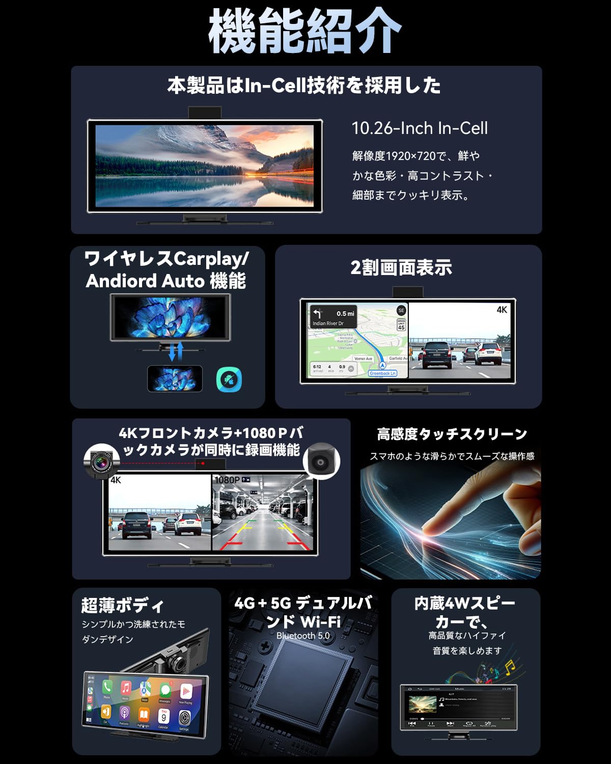 ポータブルディスプレイオーディオ 11.36インチ ドライブレコーダー 4Kドライブレ...