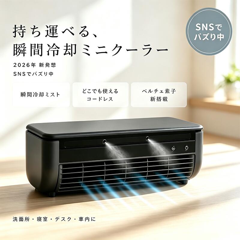 商品情報【商品情報】商品名称： ミニエアコン製品の仕様定格出力：15W定格入力：DC 5V 2A充電方法：USB　typeCウォータータンク容量：260ml(適量)寸法：約332x102x108mm HxWxD本体重量：約1075g同梱物 ・本体×1 ・USBケーブル×1 ・取扱い説明書（保証書付き）×1 ・リモコン×1ACアダプターは付属していません。充電時間：約3時間充電後、約1.5～3時間使用可能（使用環境による）リニューアル品：約4-5時間充電後、約1.5～3時間使用可能（使用環境による）生産国：中国区分：家電写真・イラストは全てイメージです。製品の色はお客様のお使いのモニター設定、お部屋の照明等により 実際の商品と色味が異なる場合がございます。本製品の品質改善・向上のため、機能及び形状などを予告なく変更する場合があります。予めご了承くださいませ。 チラシ同梱【3つのおすすめポイント！】1. 「暑い」のストレスを即解消たった30秒で、-8.5℃のスピード冷却2. ハイパワーコンパクトサイズながら、6畳分の空気を約1時間で入れ替えるパワー3.コードレス設計ベビーカー、車内、キャンプなどどんな場所でも自由自在に持ち運べます。 モバイルバッテリーでの充電も可能です。【多彩な機能】1. 高周波振動による超微細なミストマイクロポーラス噴射プレートによる高周波振動で水を安定的に超微細ミストにします。水分を蒸散させることで、空間をひんやりと。2.半導体冷却!冷却ミスト冷却性能1.4倍業界最大級の冷却面積。がタンク内の水を素早く冷やし、ひんやりとしたミストを届けます。半導体冷却、電流を利用した半導体の一種で、簡単に冷却を行うことができます。小型冷蔵庫などにも使用されいています。3.コンパクト＆コードレス持ち運び自由充電式で小型サイズなので、持ち運びに便利。ウォータータンクが取り外せることで給水も簡単に。4.送風とミストの併用運転爽やかな風とひんやりとしたミストが合わさることで空間全体を効率よく冷却し、暑い日でも快適な環境を提供します。5.騒音や振動が少ない静音設計半導体冷却を用いた冷却装置は、騒音や振動の発生が少ないため音を気にせず静かにお使いいただけます。【プレゼントとしても】シンプルでオシャレなデザインなので、男性・女性問わず大切な方へのギフトとしてもおススメです。誕生日 母の日 敬老の日 出産祝い 引っ越し祝い クリスマスプレゼント にも最適です！冷風扇 卓上エアコン ミニエアコン コードレス スポットエアコン扇風機 冷風扇風機 小型 冷風機 充電式 強力 クールエア 壁掛け ミニクーラー ミニ スポット クーラーポータブルクーラー 静音 省エネ 3段階風量調整 半導体冷却 3時間 USB充電 オフィス 卓上 寝室 洗面所 車 【超微細ミストでスピード冷却】コードレス、リモコン操作で、デスク 洗面所 車の中 ベビーカー どこでも快適 静音設計で、お子様の就寝時の熱中症対策にも 風量調節3段階 洗面台 充電 5