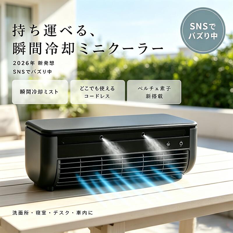 商品情報【商品情報】商品名称： ミニエアコン製品の仕様定格出力：15W定格入力：DC 5V 2A充電方法：USB　typeCウォータータンク容量：260ml(適量)寸法：約332x102x108mm HxWxD本体重量：約1075g同梱物 ・本体×1 ・USBケーブル×1 ・取扱い説明書（保証書付き）×1 ・リモコン×1ACアダプターは付属していません。充電時間：約3時間充電後、約1.5～3時間使用可能（使用環境による）リニューアル品：約4-5時間充電後、約1.5～3時間使用可能（使用環境による）生産国：中国区分：家電写真・イラストは全てイメージです。製品の色はお客様のお使いのモニター設定、お部屋の照明等により 実際の商品と色味が異なる場合がございます。本製品の品質改善・向上のため、機能及び形状などを予告なく変更する場合があります。予めご了承くださいませ。 チラシ同梱【3つのおすすめポイント！】1. 「暑い」のストレスを即解消たった30秒で、-8.5℃のスピード冷却2. ハイパワーコンパクトサイズながら、6畳分の空気を約1時間で入れ替えるパワー3.コードレス設計ベビーカー、車内、キャンプなどどんな場所でも自由自在に持ち運べます。 モバイルバッテリーでの充電も可能です。【多彩な機能】1. 高周波振動による超微細なミストマイクロポーラス噴射プレートによる高周波振動で水を安定的に超微細ミストにします。水分を蒸散させることで、空間をひんやりと。2.半導体冷却!冷却ミスト冷却性能1.4倍業界最大級の冷却面積。がタンク内の水を素早く冷やし、ひんやりとしたミストを届けます。半導体冷却、電流を利用した半導体の一種で、簡単に冷却を行うことができます。小型冷蔵庫などにも使用されいています。3.コンパクト＆コードレス持ち運び自由充電式で小型サイズなので、持ち運びに便利。ウォータータンクが取り外せることで給水も簡単に。4.送風とミストの併用運転爽やかな風とひんやりとしたミストが合わさることで空間全体を効率よく冷却し、暑い日でも快適な環境を提供します。5.騒音や振動が少ない静音設計半導体冷却を用いた冷却装置は、騒音や振動の発生が少ないため音を気にせず静かにお使いいただけます。【プレゼントとしても】シンプルでオシャレなデザインなので、男性・女性問わず大切な方へのギフトとしてもおススメです。誕生日 母の日 敬老の日 出産祝い 引っ越し祝い クリスマスプレゼント にも最適です！冷風扇 卓上エアコン ミニエアコン コードレス スポットエアコン扇風機 冷風扇風機 小型 冷風機 充電式 強力 クールエア 壁掛け ミニクーラー ミニ スポット クーラーポータブルクーラー 静音 省エネ 3段階風量調整 半導体冷却 3時間 USB充電 オフィス 卓上 寝室 洗面所 車 【超微細ミストでスピード冷却】コードレス、リモコン操作で、デスク 洗面所 車の中 ベビーカー どこでも快適 静音設計で、お子様の就寝時の熱中症対策にも 風量調節3段階 洗面台 充電 5