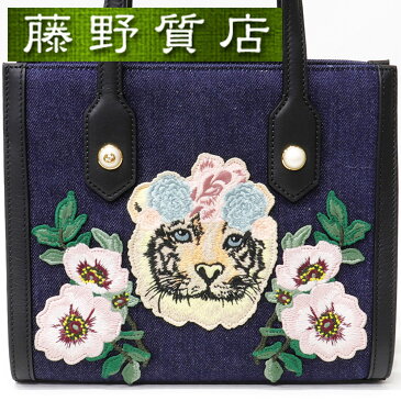 【送料無料】【未使用】グッチ GUCCI タイガー エンブロイダリー 虎 花 2way ハンドバッグ ブルーデニム レザー ストラップ 8260