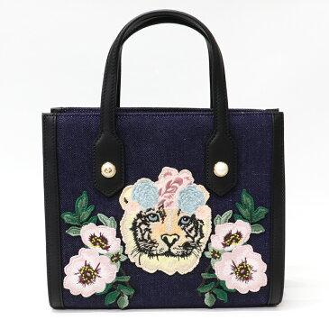 【送料無料】【未使用】グッチ GUCCI タイガー エンブロイダリー 虎 花 2way ハンドバッグ ブルーデニム レザー ストラップ 8260