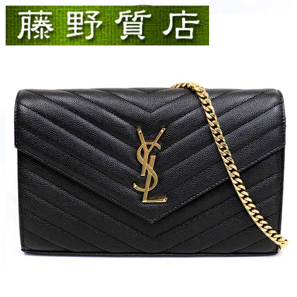 【送料無料】サンローラン SAINT LAURENT YSL モノグラム Vステッチ チェーンウォレット ショルダー 2Way 377828 斜め掛け レザー 黒 8290