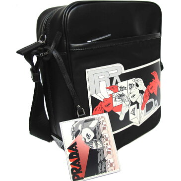 【送料無料】【未使用】 プラダ PRADA 斜めがけ ショルダー メッセンジャー バッグ 2VH031 コミック プリント 黒 白 赤 レザー ナイロン 8210