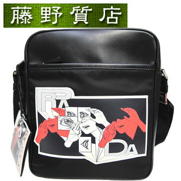 【送料無料】【未使用】 プラダ PRADA 斜めがけ ショルダー メッセンジャー バッグ 2VH031 コミック プリント 黒 白 赤 レザー ナイロン 8210