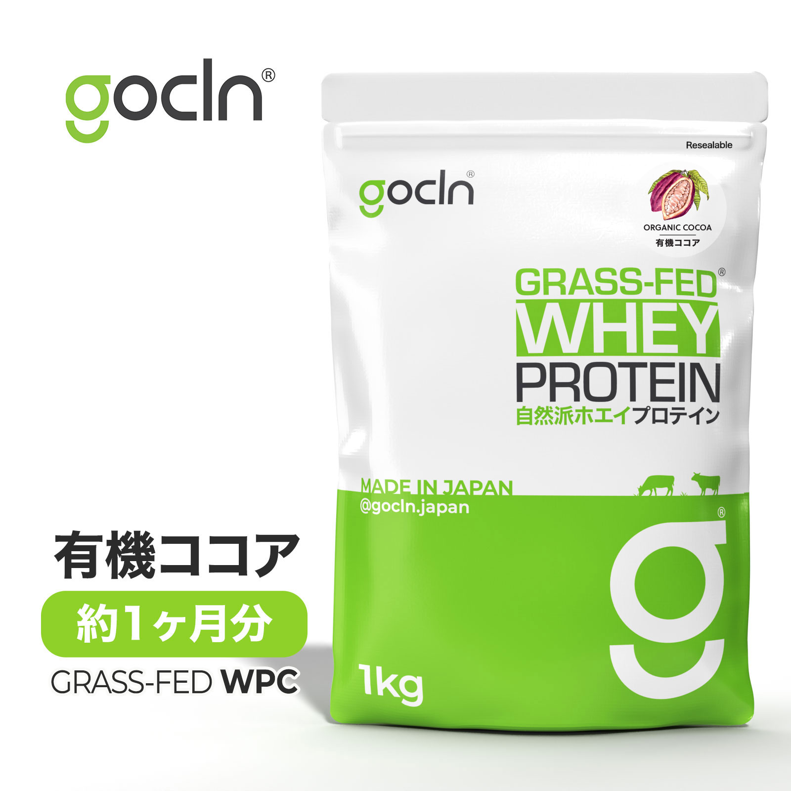 グラスフェッド プロテイン 【送料無料】 ホエイ プロテイン Grass-Fed Whey 1kg　ココア　プロテイン【GoCLN】（ゴークリーン） オーガニック ココア味 1000g − Grass-Fed Whey Protein - Organic Cocoa Flavor