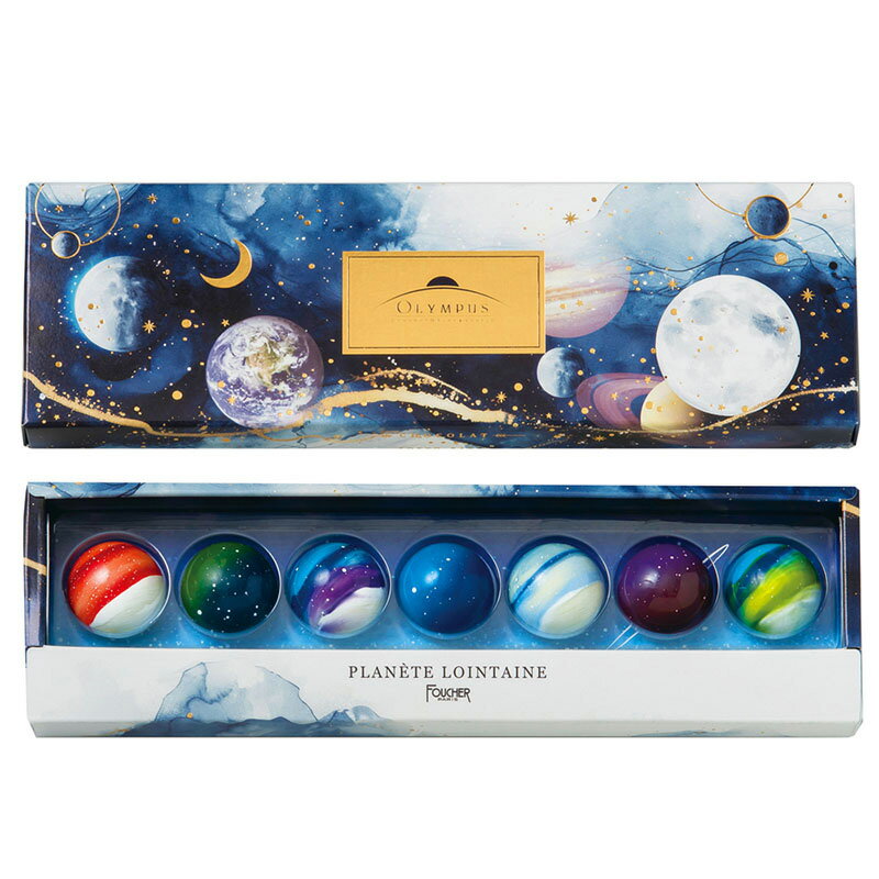 大宇宙をイメージしたチョコレート詰合せ。半球型の惑星のチョコレートに仕上げました。［内容］チョコレート×7個［賞味・消費期限］製造加工日から135日［箱サイズ］8×26×2.5cm