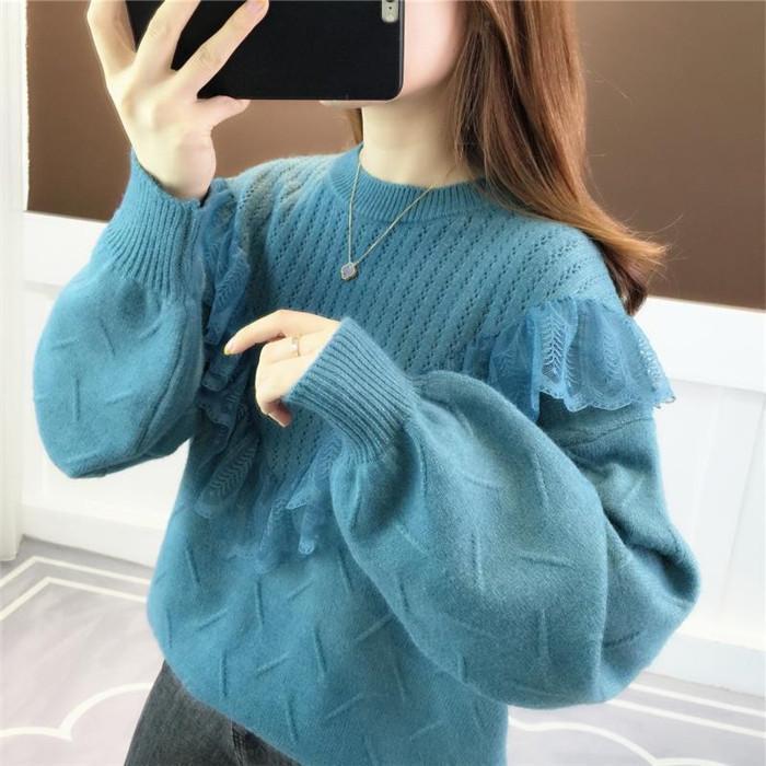 ニット セーター レディース ニットセーター 長袖 トップス レースフリル チュニック 大きいサイズ 体..