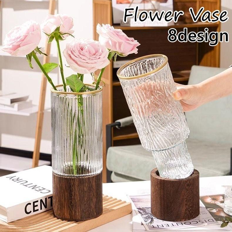 フラワーベース 花瓶 花びん 花器 ガラス 木製 透明 クリア インテリア おしゃれ かわいい 大きめ 卓上 装飾 リビング 玄関 SHOP DAN