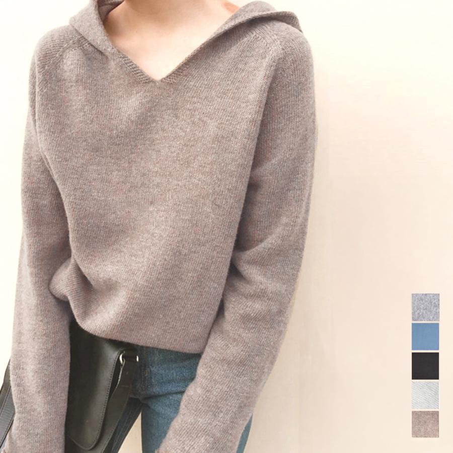 フード付き ニットトップス レディース Vネック ニットセーター 長袖 シンプル ニットパーカー プルオ..