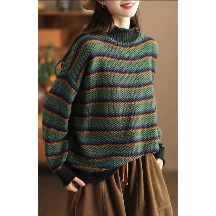 ニット レディース トップス セーター 秋冬 プルオーバー ボーダー 長袖 タートルネック 体型カバー 秋冬らしい配色もお洒落 暖かさも兼ね備えた1枚 SHOP DAN