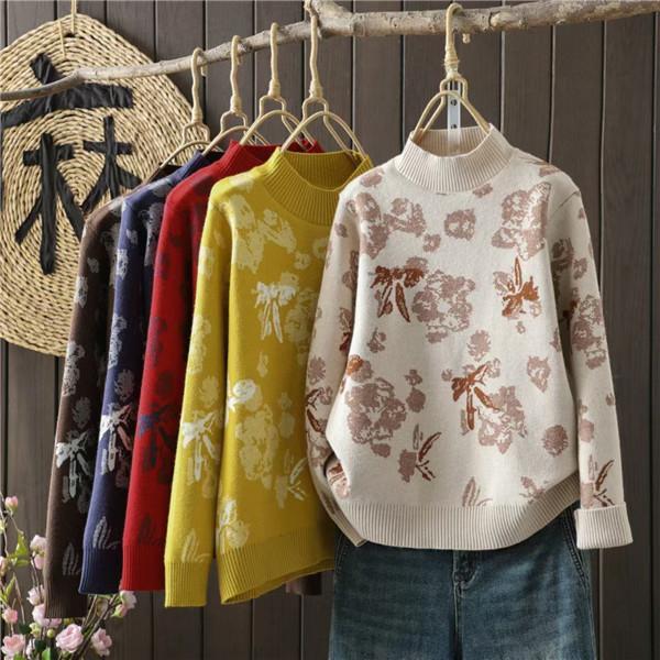 秋冬ニット レディース トップス ニットウェア セーター プルオーバー 長袖 レトロな花柄 ゆったりとしたほんのり甘いシルエット 女性らしさをプラス SHOP DAN