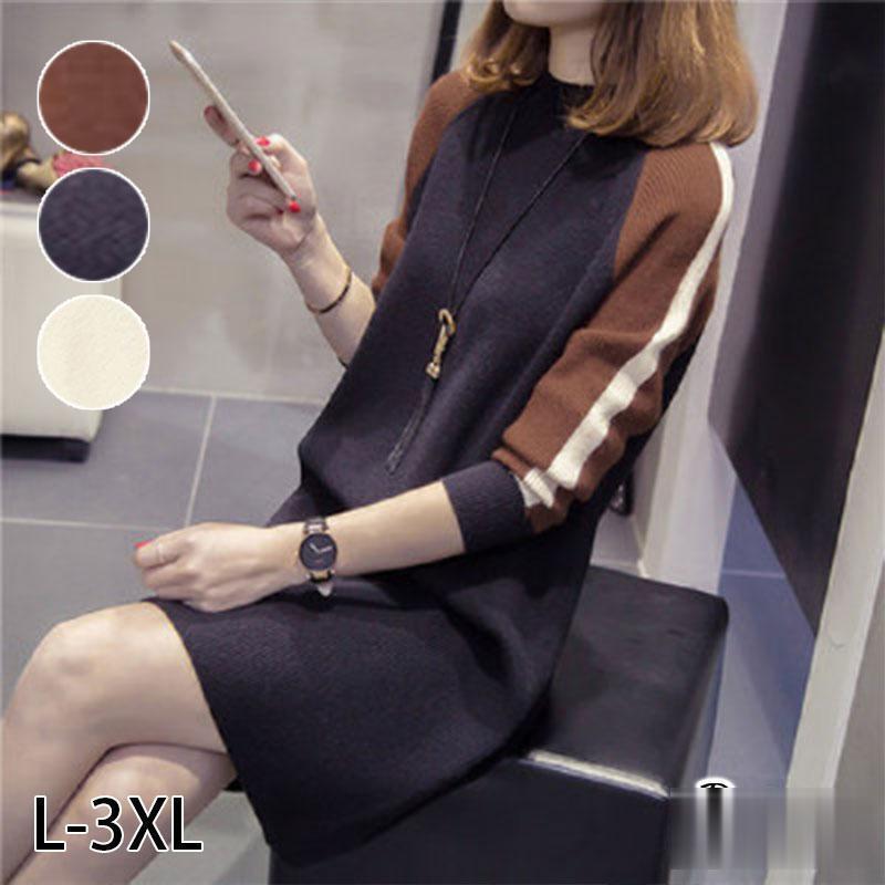 ニットワンピース レディース クルーネック プルオーバー ミディアム丈 コーデ長袖 セーター 無地 トレ..