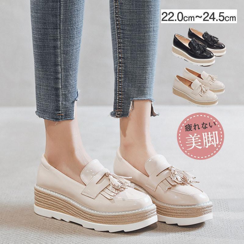 ローファー 革靴 レディース パンプス スリッポン 前厚プラットフォーム クッションイ ンソール エナメル靴 厚底 ウェッジ タッセル おじ靴 SHOP DAN