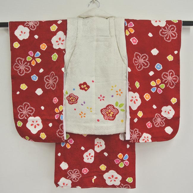 七五三 753 祝着 着物 3歳 女の子 フルセット『桜　正絹　白・赤』