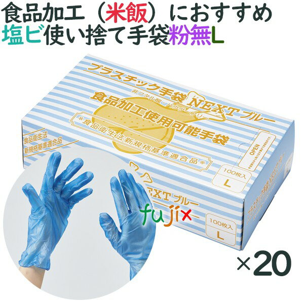 プラスチックグローブ　粉なし　プラスチック手袋 NEXT　ブルー　パウダーフリー　Lサイズ　2000枚（100枚×20小箱）／ケース