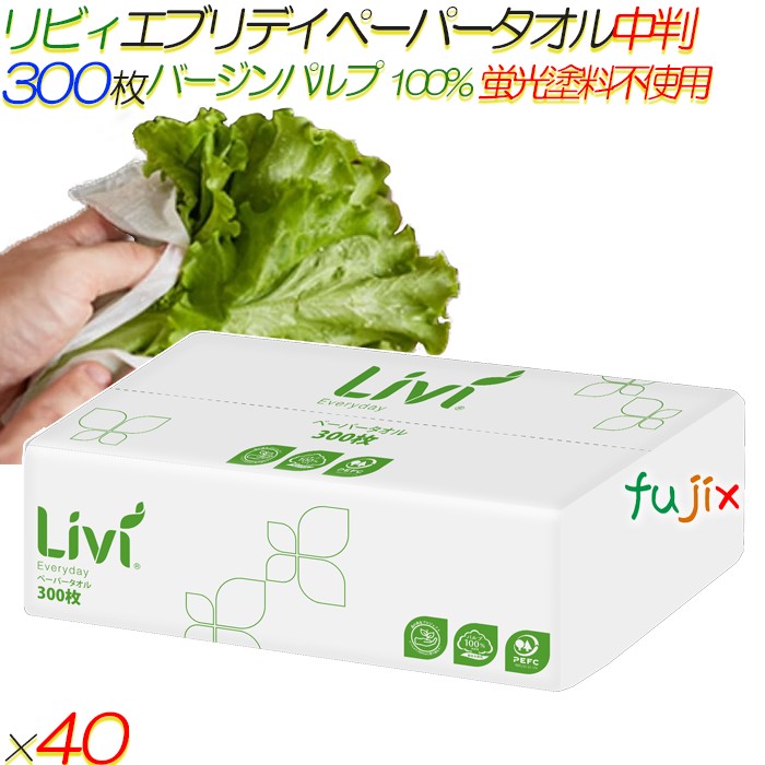 リビィ エブリデイ ペーパータオル 中判 300枚40袋／ケース【5702】 バージンパルプ100% 蛍光染料不使..