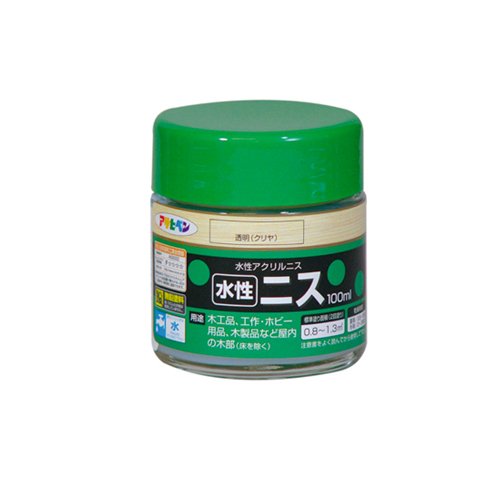 ●規格:100ml●用途:木工品・工作・ホビー用品・木製品などの屋内の木部。(床を除く)●標準塗り面積(2回塗り):0.8~1.3m2(タタミ0.5~0.8枚分)●乾燥時間:夏期/30分~1時間・冬期/2~3時間●色:透明(クリヤ)着色とニス塗りが同時にでき、木目を生かした美しいツヤに仕上がります。【注意事項】1.表示以外の用途には使用しないで下さい。2.目に入ったり皮膚に付着しないしないよう、また誤飲しないように注意して取扱って下さい。3.塗料がついても支障の無い服装で作業して下さい。4.雨の降りそうな日、温度の高い日、風の強い日は避け天気の良い日塗装して下さい。5.5℃以下では塗装しないで下さい。6.つるつるした面や塗る面の紛化が著しいところは、サンドペーパーで粗し削りかすを取り除いてから塗って下さい。7.塗料が沈殿していますので角材などでよくかき混ぜてから使用して下さい。8.運送中にやむなく