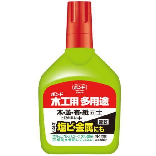 正味量：180g【用途】 ●木・革・布・紙同士、また片方が塩ビ・金属の接着に 【特長】 ●水性で使いやすく、安全。木材等の多孔質材と各種プラスチック、金属が接着できます。 ●ホルムアルデヒド・フタル酸系可塑剤を使用していません。 ●硬化後は透明に近い乳白色 メーカー名：コニシ接着用品速乾タイプ容量：180g主成分：エチレン・酢酸ビニル樹脂パッケージなし