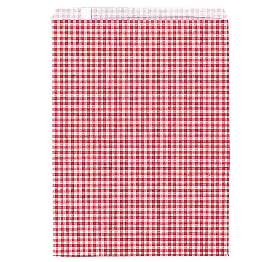 最もベーシックな紙袋です。ご家庭でも店舗でもお使いいただける汎用性のある平袋は、ラッピング、ギフト、贈り物、イベントなどに使用できます。飽きのこないギンガムチェック柄です。小さなメモ帳やカード、文具小物、雑貨、お菓子、単行本など入れるのに最適です。A4サイズのノートなどを入れるのに最適です。使いやすいベロフタ付タイプです。大容量の業務用200枚仕立て。【詳細】入り数：200枚袋入サイズ：幅250mm×高さ330mm材質：純白ロール紙（45g/m2）※貼り合わせ側にベロがあるのは、袋を作る断裁の行程で紙を無駄にしないよう最大限に有効利用しているからです。環境に配慮した商品です。[ ラッピング ギフト 店舗 レジ袋 プレゼント ]