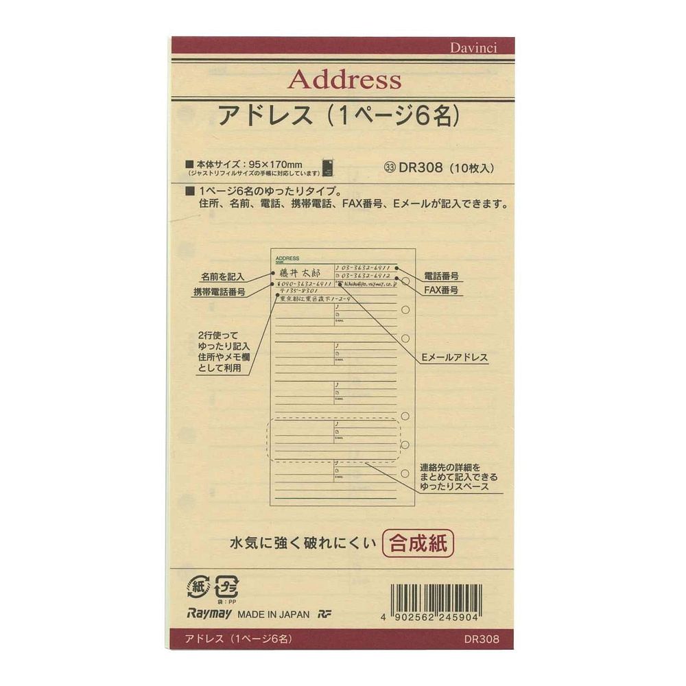 【メール便発送】レイメイ藤井 ダヴィンチ リフィル 聖書サイズ アドレス(6名) DR308