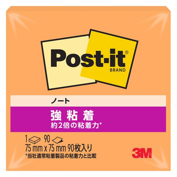 【商品説明】○2倍の粘着力でしっかり貼れる強粘着ふせん。パソコンやファイルなどの樹脂面にも、くり返し貼ってはがせる。豊富な色から選べるマルチカラー。（ポストイット通常粘着製品比）【詳細】・サイズ75×75mm・粘着力：強粘着・入り数：1冊90枚入