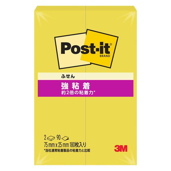 【商品説明】○2倍の粘着力でしっかり貼れる強粘着ふせん。パソコンやファイルなどの樹脂面にも、くり返し貼ってはがせる。よく目立つネオンカラー。（ポストイット通常粘着製品比）【詳細】・サイズ長さ:75mm、幅：25mm・粘着力：強粘着・入り数：1冊90枚入