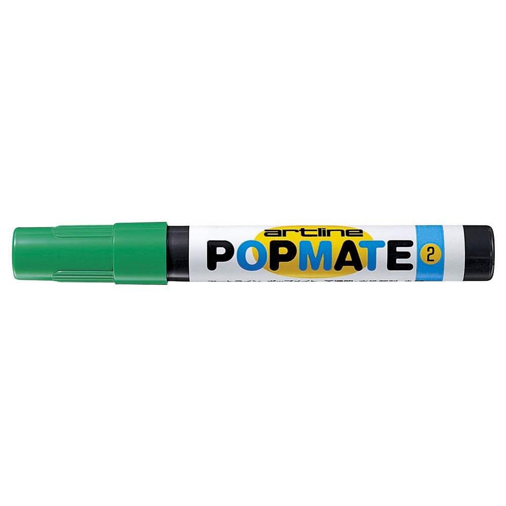 重ね描きもキレイなPOP用マーカー。耐光性に優れた水性顔料系インキを採用。 インキは、色鮮やかな水性顔料系。にじまず、裏うつりもほとんどありません。乾いた後は重ね描きもでき、POP広告づくりのさまざまな表現が可能です。また、ガラス、金属、木、布、陶器などにもきれいに筆記できます。[筆記幅]約2mm※ご使用になる時は、キャップをしめたままペンをよく振ってから、ペン芯にインキが染みわたるまでペン先を下向きにおし下げてください。※ご使用になる時は、キャップをしめたままペンをよく振ってから、ペン芯にインキが染みわたるまでペン先を下向きにおし下げてください。1.85×1.85×14.1cm全9色インキ:油性染料系