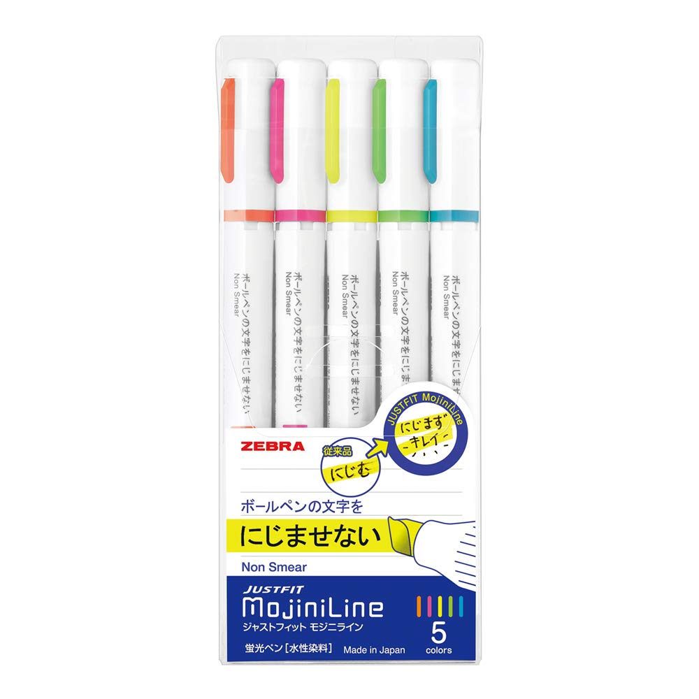 メール便発送商品（送料込み）※こちらの商品はメール便にて「ポスト投函」でのお届けになります。※代金引換はご利用いただけません。※お届け日時のご指定はできません。※宅配便送料別の商品と同梱の場合、宅配便の送料となります。※通常、出荷後1〜4日程度でのお届けとなります。※荷物問合せ番号よりお荷物の追跡が可能です。こんな蛍光ペンが欲しかった! ! と言い切れるゼブラの蛍光ペン「ジャストフィットモジニライン」が新登場! !特徴として、文字にライン(モジニライン)を引いても、にじませない! だから、ボールペンの上からベタ塗りできる! 線をなぞって縁取りもキレイ!ペン先は、定番商品のジャストフィットと同じ仕様で、ペン先がしなってキレイに引ける。ペン先がしなるから、まっすぐにスーっとキレイに引ける。平面にも曲面にもしっかりフィットして、均一な幅の線が引ける。ボールペンの文字をにじませない蛍光ペン【特長】文字にラインを引いてもにじませない/ペン先がしなってキレイに引ける【インク】水性染料【5色セット】オレンジ、ピンク、黄、緑、青【線幅】3.5~4.0mm