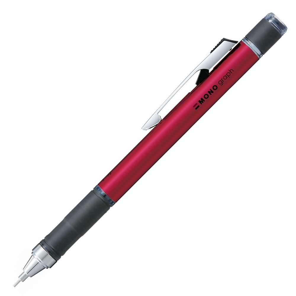 MONO消しゴム搭載のシャープペンシル「モノグラフ」のグリップ付モデル。ノック方法は、振ると芯が出るフレノックと、クリップ部をノックするクリップノックのW方式。クリップを上方向にスライドすると、フレノックがロックされて無駄な芯出しを防ぐ。【シャープ芯径】0.5mm【長さ】147mm【グリップ】ラバー製【機構】クリップノック式&フレノック式【消しゴム】高性能MONO消しゴム【消しゴム品番】ER-MG【クリップ】金属クリップ