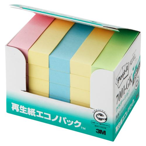 ●仕様:見出し●色:グラデーションイエロー、グラデーションピンク、グラデーションブルー、グラデーショングリーン●サイズ:50x15mm●数量:100枚x25●50×15mm●寸法／50×15mm●1冊／100枚●カラー／イエロー、ピンク、ブルー、グリーン●単位（入数）／1パック（25冊入）●メーカー品番／7001-GKふせんのNo．1ブランド、住友スリーエム社のポスト・イット（R）。上品なグラデーションの再生紙ふせん。