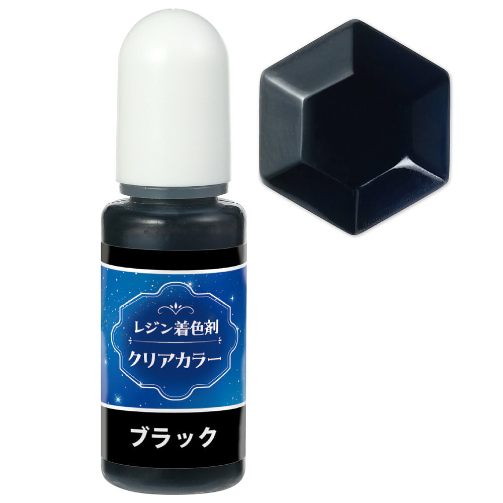 鮮やかな発色！混ぜて楽しむレジン用着色剤！鮮やかな発色と高い透明感を兼ね備えたレジン着色剤です。さらりとした低粘度でレジン液になじみやすく、ムラになりにくい仕上がりが特徴。少量でもしっかりと色づき、混色も自由自在です。時間が経っても色あせにくく、美しい色合いを長くキープ。ホワイトを加えれば、不透明カラーの調整も簡単に行えます。透明感のある作品からしっかりとしたカラー表現まで、アクセサリーやキーホルダーなど、さまざまなレジンクラフトにおすすめの着色剤です。【詳細】セット内容：本体×1商品サイズ：10ml材質：合成樹脂、有機溶剤[ レジン着色剤 クリアカラー 透明色 ブラック 10ml レジン液用 高濃度顔料 混色可能 変色しにくい 透明発色 不透明調整 アクセサリー制作 ハンドメイド UVレジン対応 手作りキット ジュエリークラフト クラフト用塗料 ]