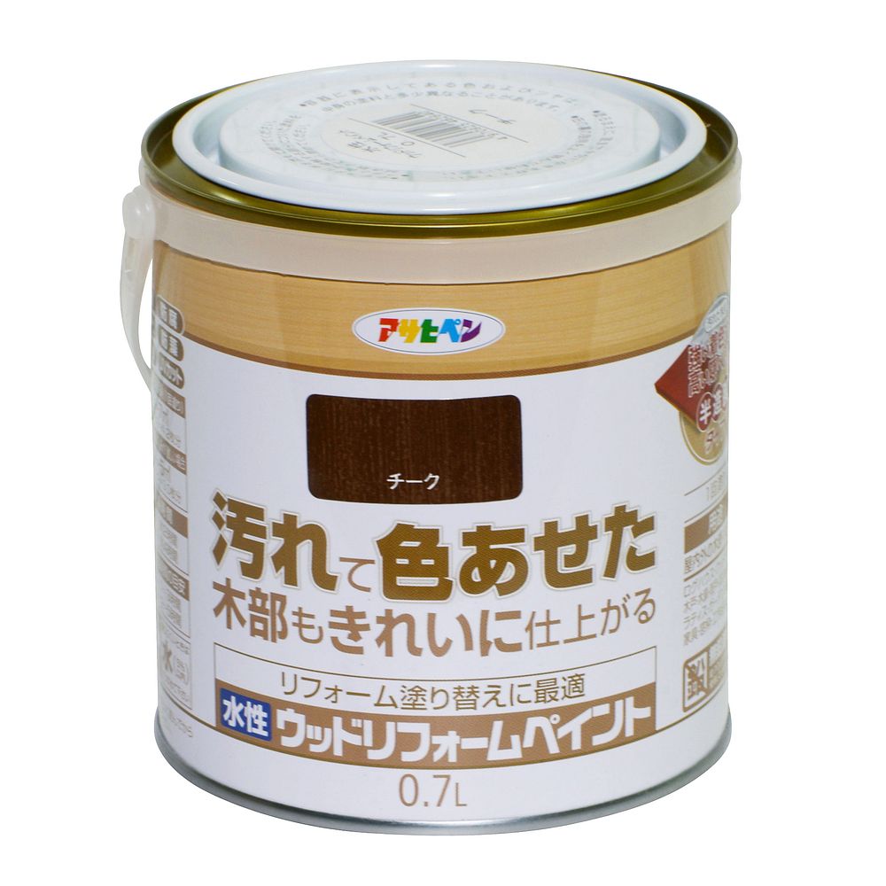 汚れて色あせた木部もきれいに仕上がる。【特長】●水性で塗りやすく、低臭タイプの木部保護塗料●1回塗りで隠ぺい性が高いので、汚れて色あせた木部もきれいに仕上がり、リフォーム塗り替えに最適●紫外線吸収剤、防かび剤、はっ水剤、防藻剤、防腐剤配合で木部を劣化から守ります【用途】適した場所/屋内外区分：屋内外区分：屋内外用○屋内外の木部・木製品・標準塗り回数:1回塗り・塗り面積:0.7L 5〜7m2(タタミ3.2〜4.2枚分)、3〜5m2(タタミ2.1〜3.0枚分)○乾燥時間夏期/2時間　冬期/4時間・塗り重ね時間の目安：夏期/1〜3時間、冬期/2〜5時間成分：合成樹脂(アクリル・ウレタン)、顔料、防カビ剤、防藻剤、防腐剤、防虫剤、はっ水剤、紫外線吸収剤、水