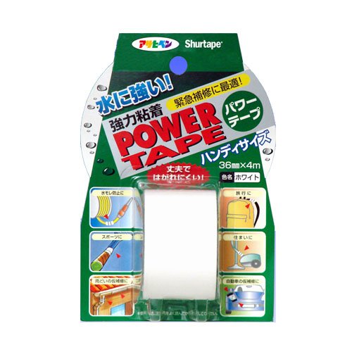 ●長さ:4m●色:ホワイト●用途:水モレ、アウトドア、住まい、ガーデニング、補修、固定、自動車、スポーツ、旅行、梱包・結束等にいろいろな用途に使用できる強力粘着テープ！ 散水ホースの水モレ、雨ドイの補修、テント等の布地のやぶれ補修など、様々な用途に！【特長】・ポリエステルメッシュ（網）入りだから強力、丈夫なテープです。・天然ゴム系粘着剤を使用しているため、強い粘着性があります。・ポリエチレンフィルムでカバーし、防水能力があります。・のり残りが少なく、きれいなはがし跡になります。L【使用方法】(1)接着面のほこりや油分をふき取って良く乾かし、しっかり押し付けて貼ります。L