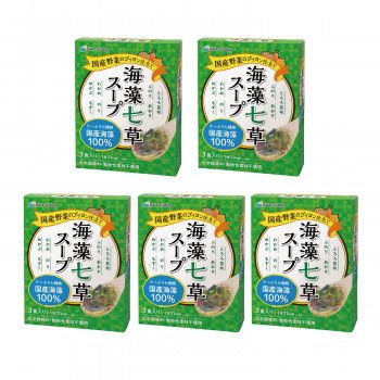＜＜ご注意下さい＞＞こちらの商品はメーカーよりお客様へ直接お届けの品になります。 当店での在庫はしておりません。在庫の有無はメーカー在庫のみになりますので、急な欠品や急に廃盤になる可能性がございます。こちらの商品の配送について○北海道・沖縄・離島につきましては、配送不可となりますので予めご了承お願いします。こちらの商品の包装(ラッピング)について○上記の理由(メーカーより直送)により包装はできませんので予めご了承お願いします。こちらの商品の不具合について○お届けしましたこちらの商品に不具合があった場合、商品到着日より1週間以内に当店にご連絡ください。メーカーが直接対応させて頂きます。○お客様がご自身で修理された場合、費用の負担は致しかねますので予めご了承下さい。国産野菜のブイヨンをベースに、動物性素材を使用せず海藻の香りと旨みを引き出しています。キレイたっぷり洋風スープ。内容量：1箱あたり:4.8g×3包サイズ：個装サイズ：18.6×10.1×13.2cm重量：個装重量：119g仕様：国産海藻100%1食11kcal化学調味料(アミノ酸等)・動物性素材不使用賞味期間：製造日より360日生産国：日本栄養成分：【1袋(4.8g)あたり】エネルギー:11kcal、たんぱく質:0.5g、脂質:0.1g、炭水化物:2.2g、ナトリウム、583mg/食物繊維:0.9g原材料：名称：乾燥スープ食塩、砂糖、酵母エキス、玉葱、じゃがいも、醤油、でんぷん、人参、ガーリック、コショウ、具/とろろ昆布、ふのり、あおさ、わかめ、のり、めかぶ、もずく(原材料の一部に小麦、大豆を含む)アレルギー表示：小麦（原材料の一部に含んでいます）その他アレルギー：大豆保存方法：高温多湿、直射日光を避けて保存して下さい。製造（販売）者情報：【販売者】株式会社スカイ・フード大阪市西淀川区野里1丁目10番8号